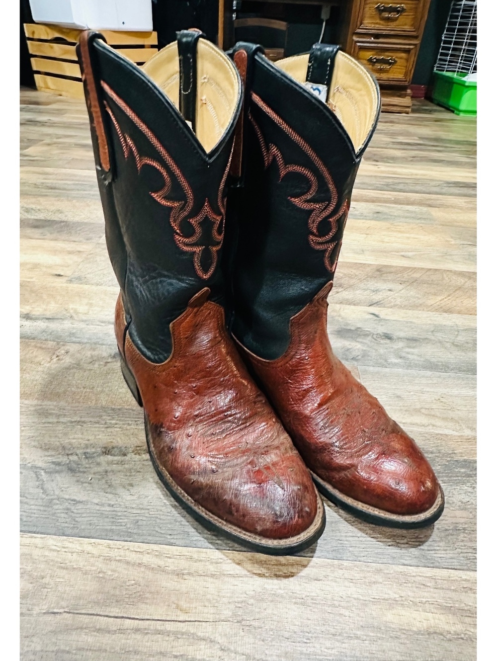 Anderson Bean brown and black ostrich leather cowboy boots